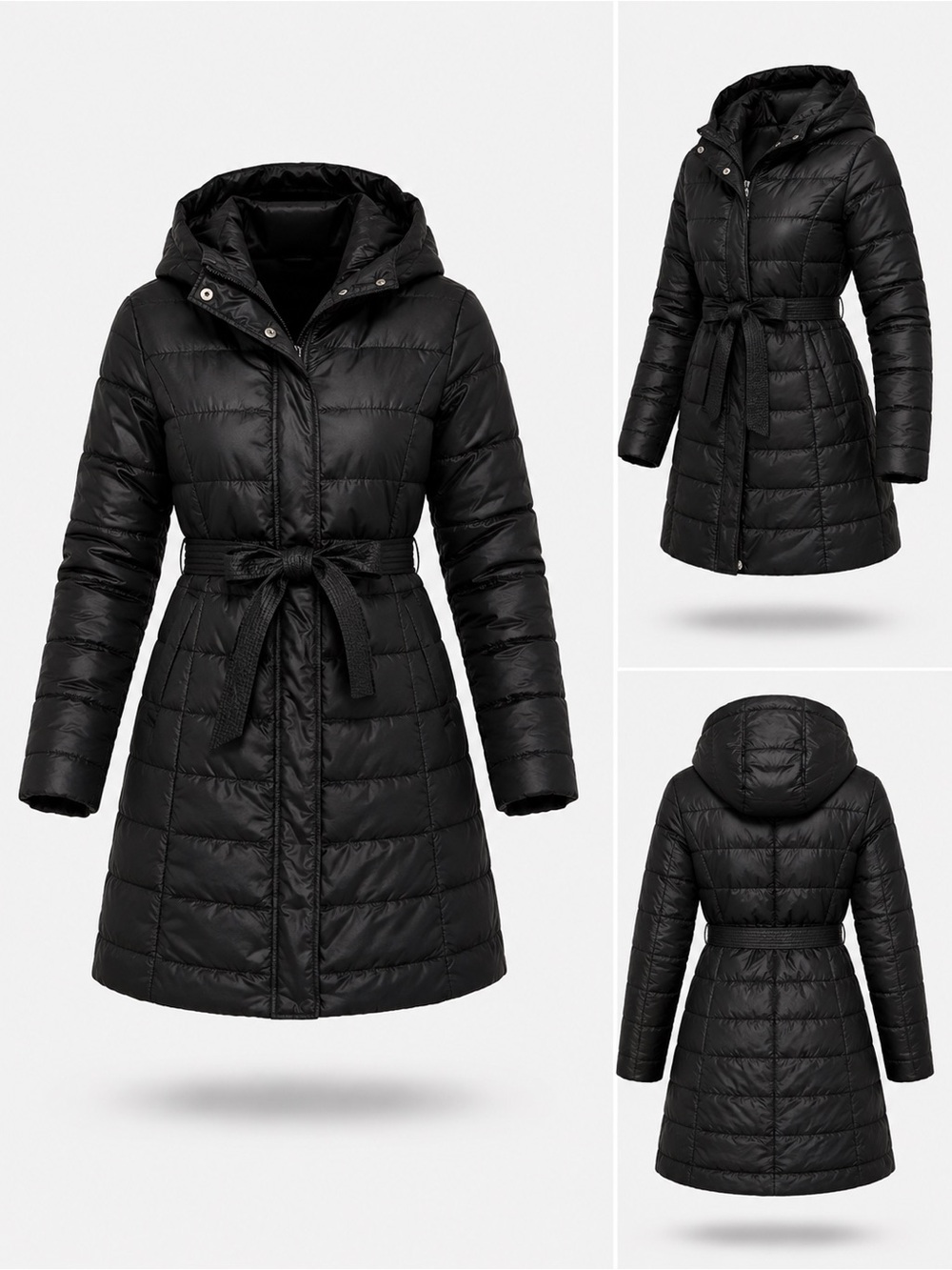 MANGO Black Quilted Belted Hooded Puffer Coat – Women’s Large